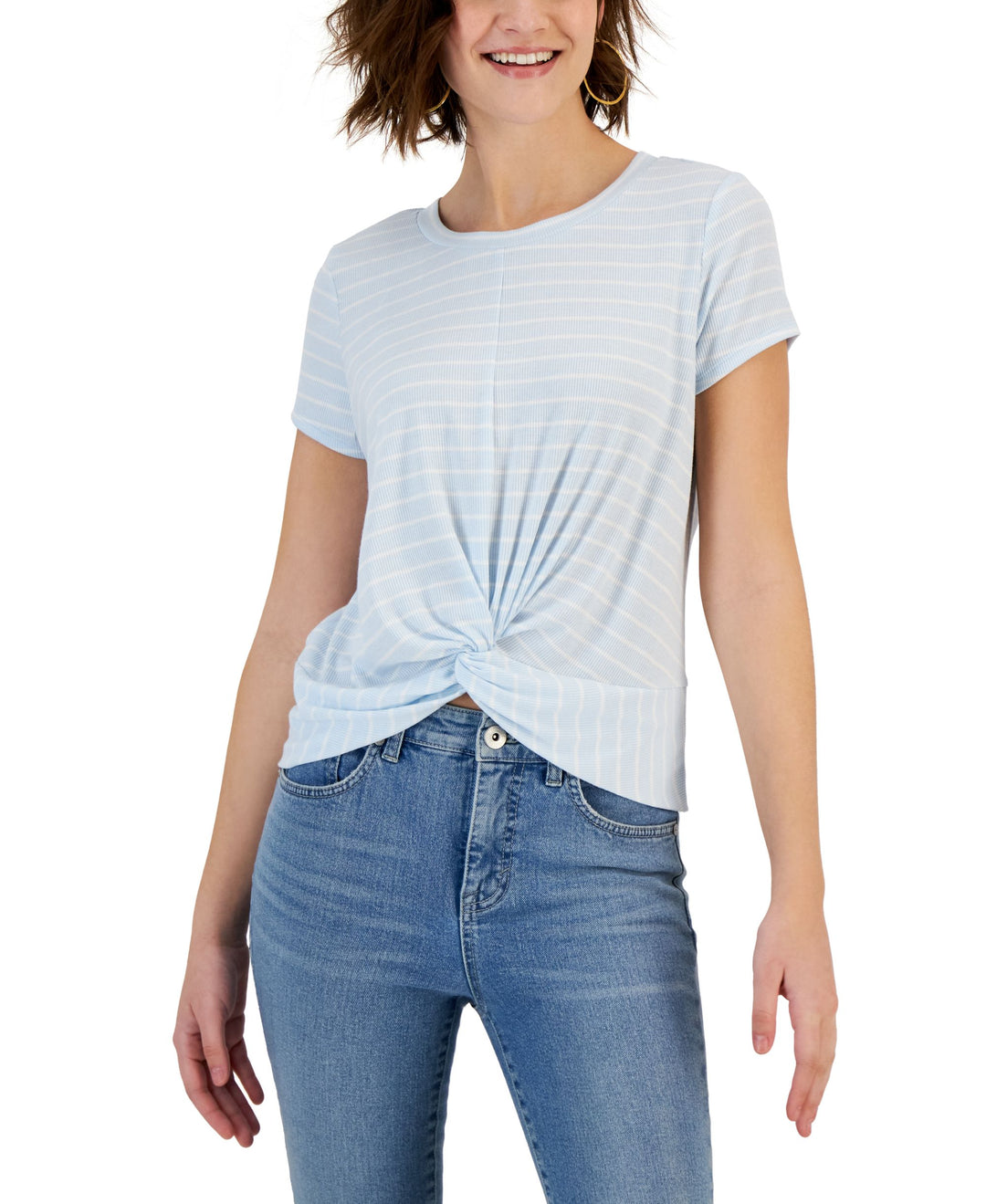 Juniors' Twist-Front Ribbed Striped Top