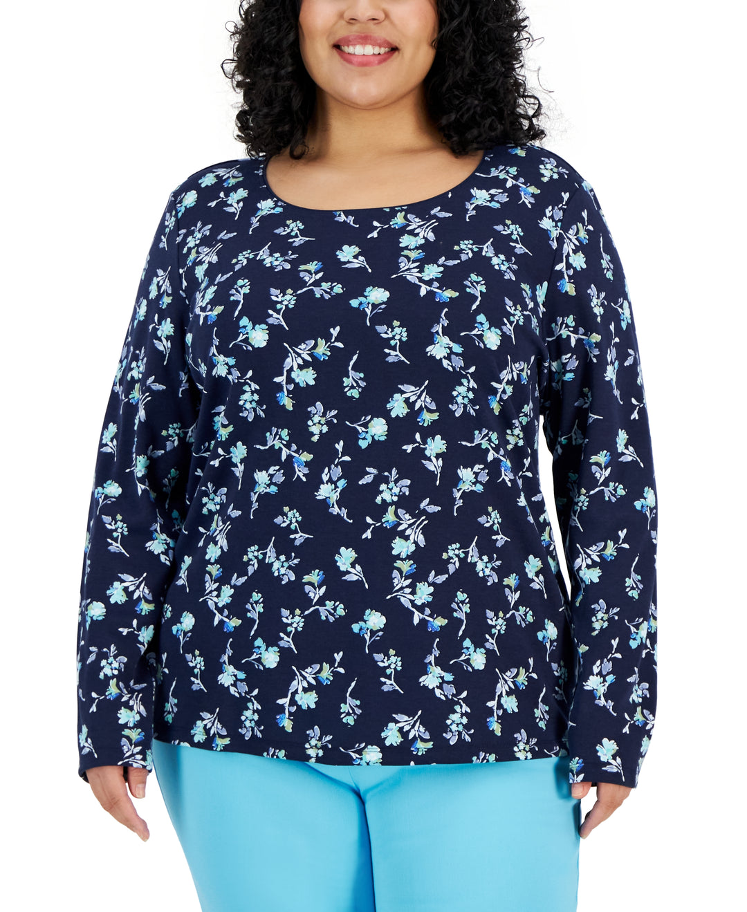 Plus Size Floral-Print Long-Sleeve Top