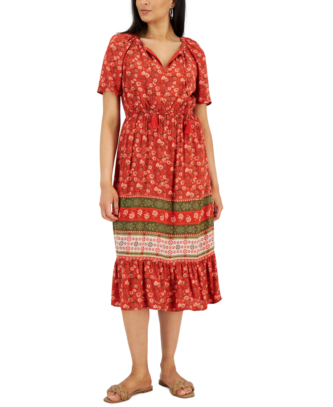 Women's Split-Neck Midi Peasant Dress