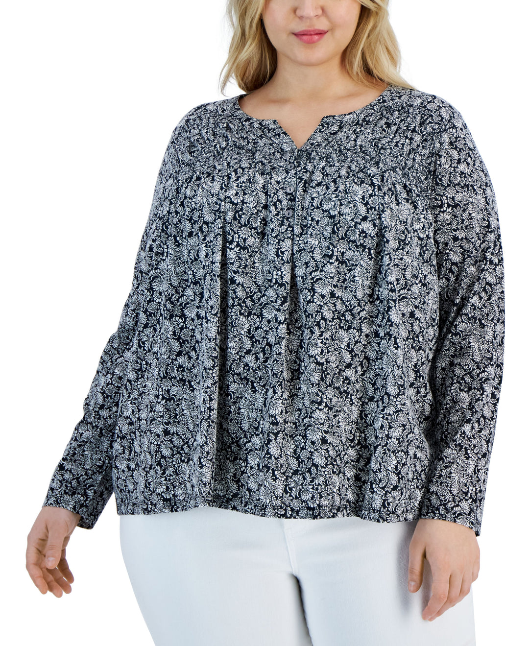Plus Size Split-Neck Long-Sleeve Top
