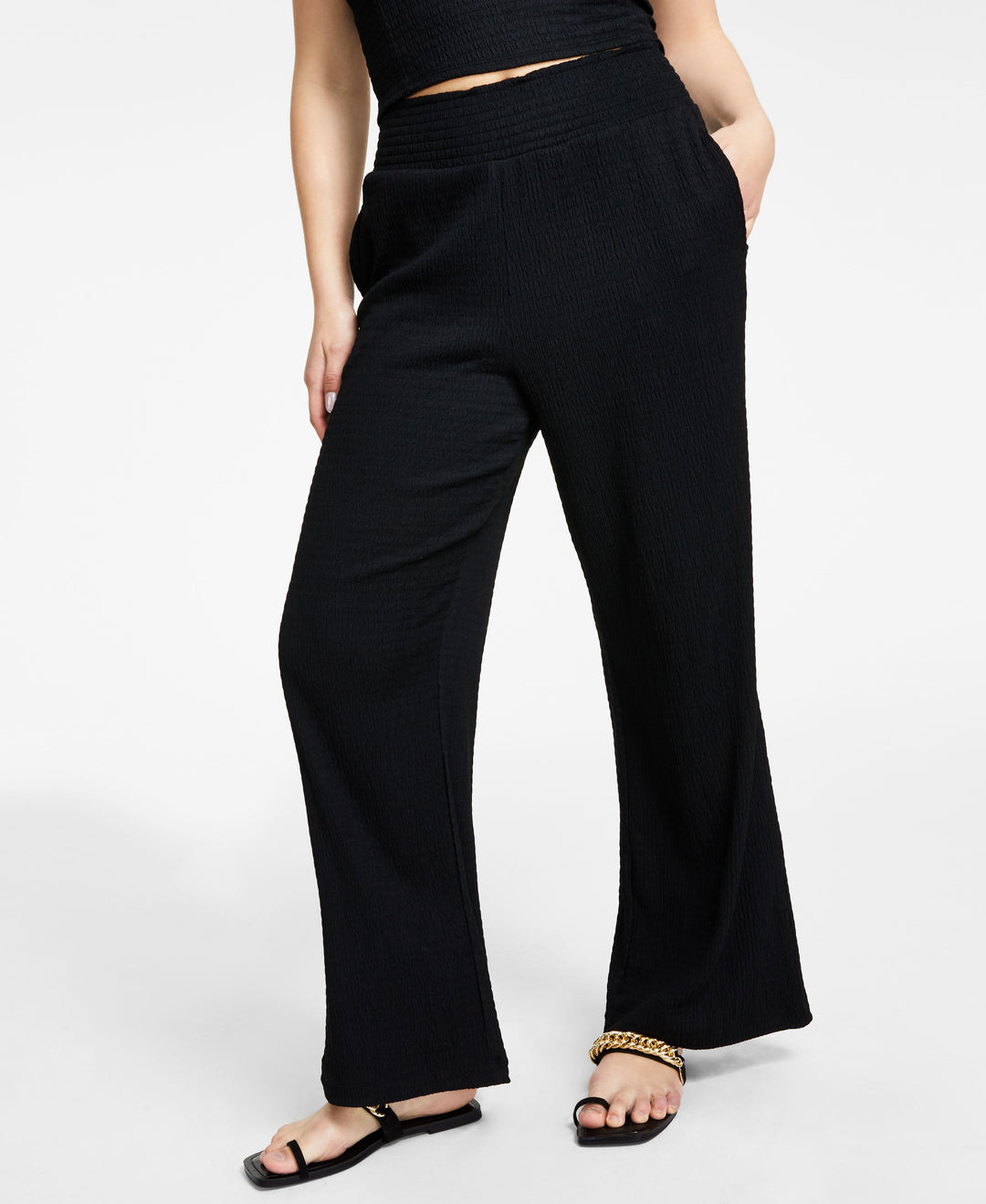 Bar III Petite Textured Smocked Pull On Pants