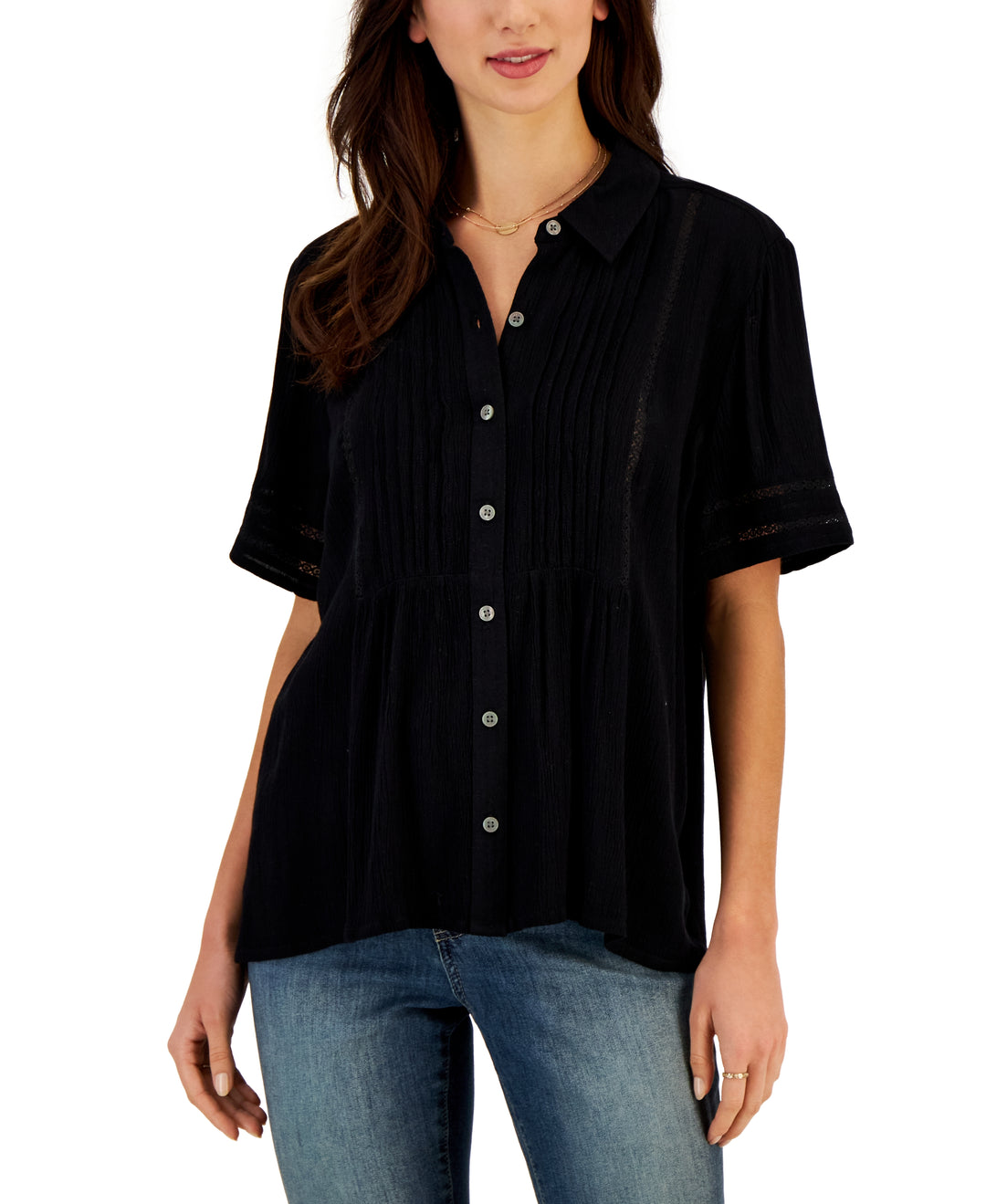 Petite Pintuck Short-Sleeve Button-Front Shirt