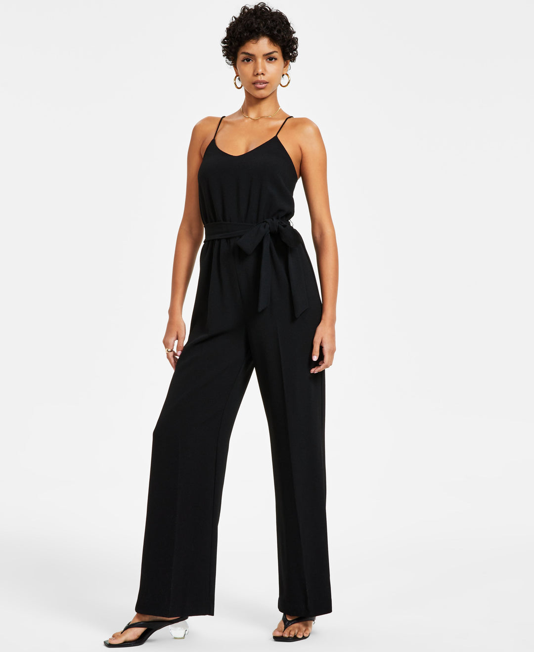 Women's Textured Crepe Belted V-Neck Jumpsuit