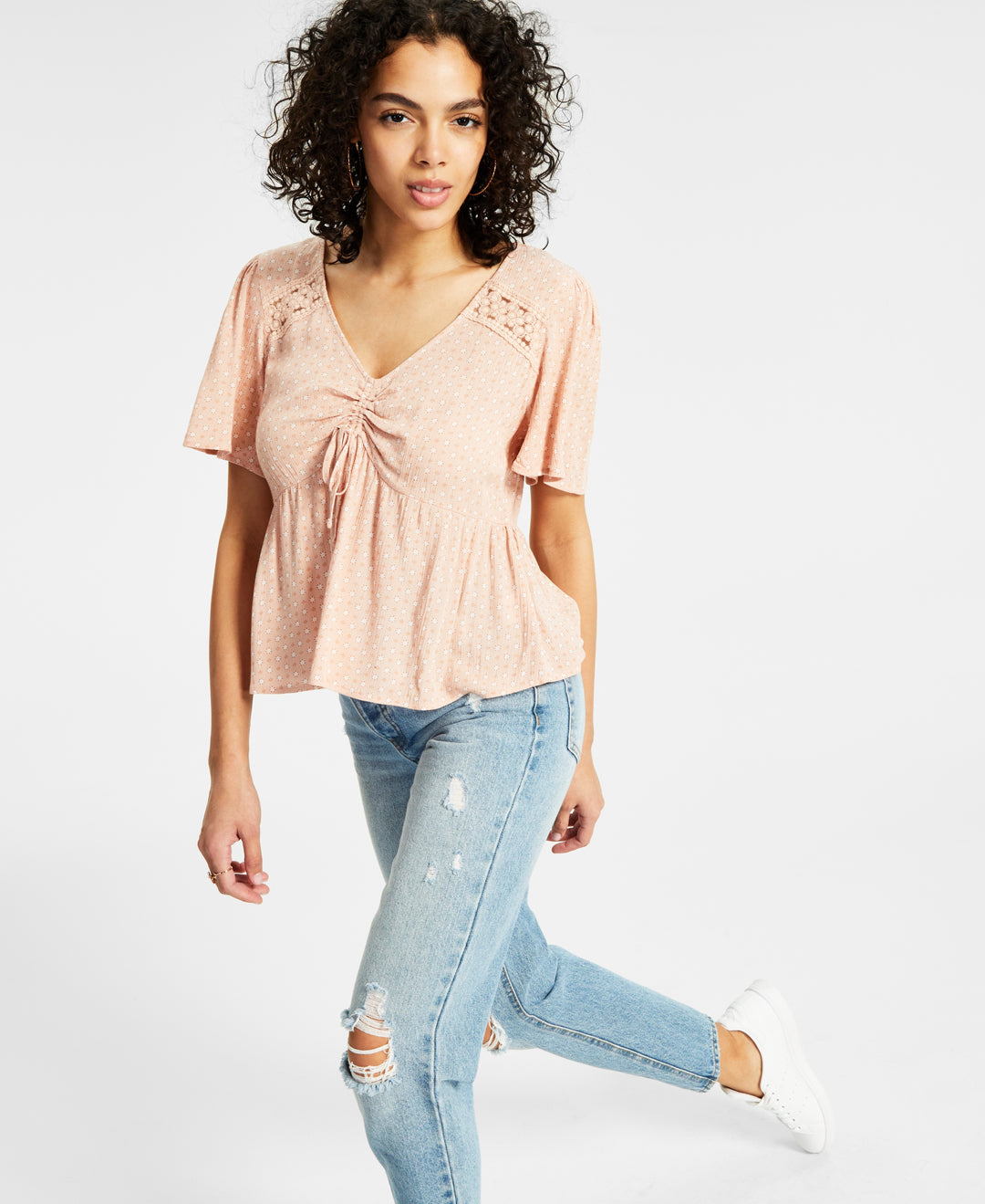 Juniors' Short-Flutter-Sleeve Front-Tie Top