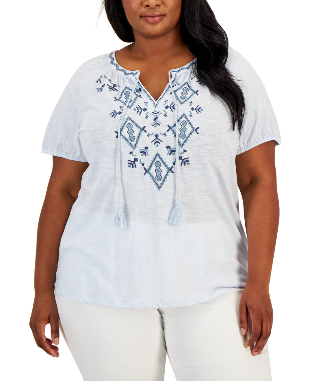 Plus Size Embroidered Split Neck Top