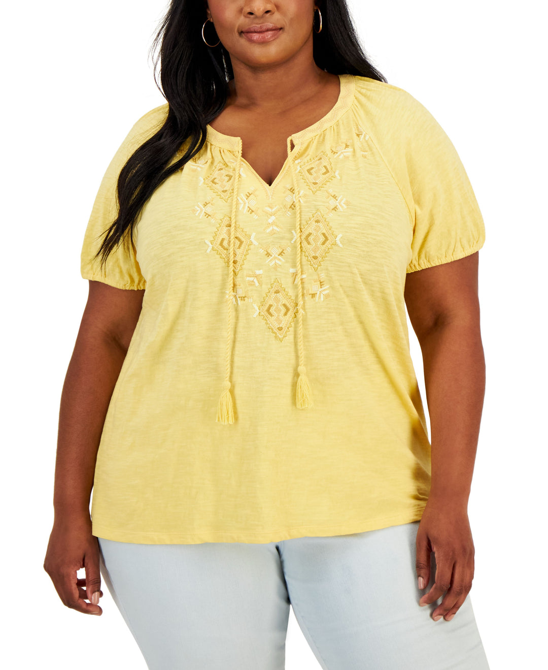 Plus Size Embroidered Split Neck Top