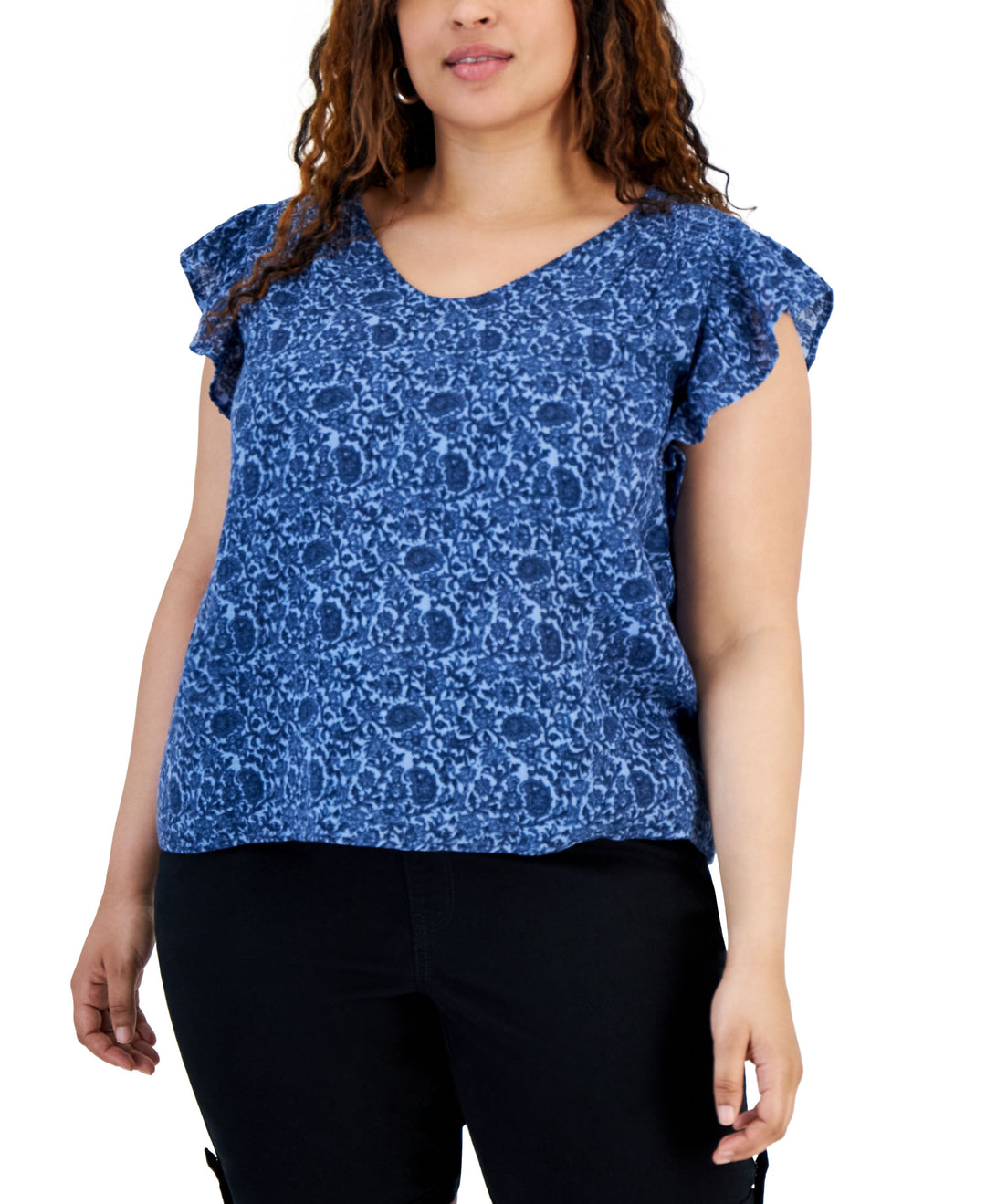Plus Size Printed Flutter-Sleeve Top