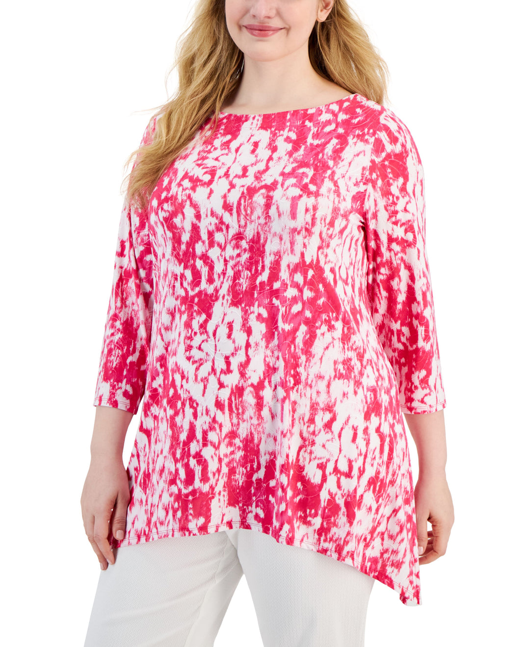 Plus Size Floral Ikat Scoop-Neck Jacquard Top