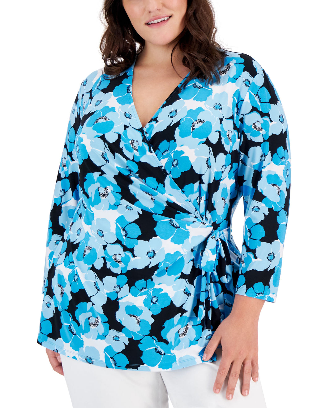 Plus Size Printed 3/4-Sleeve Wrap Top