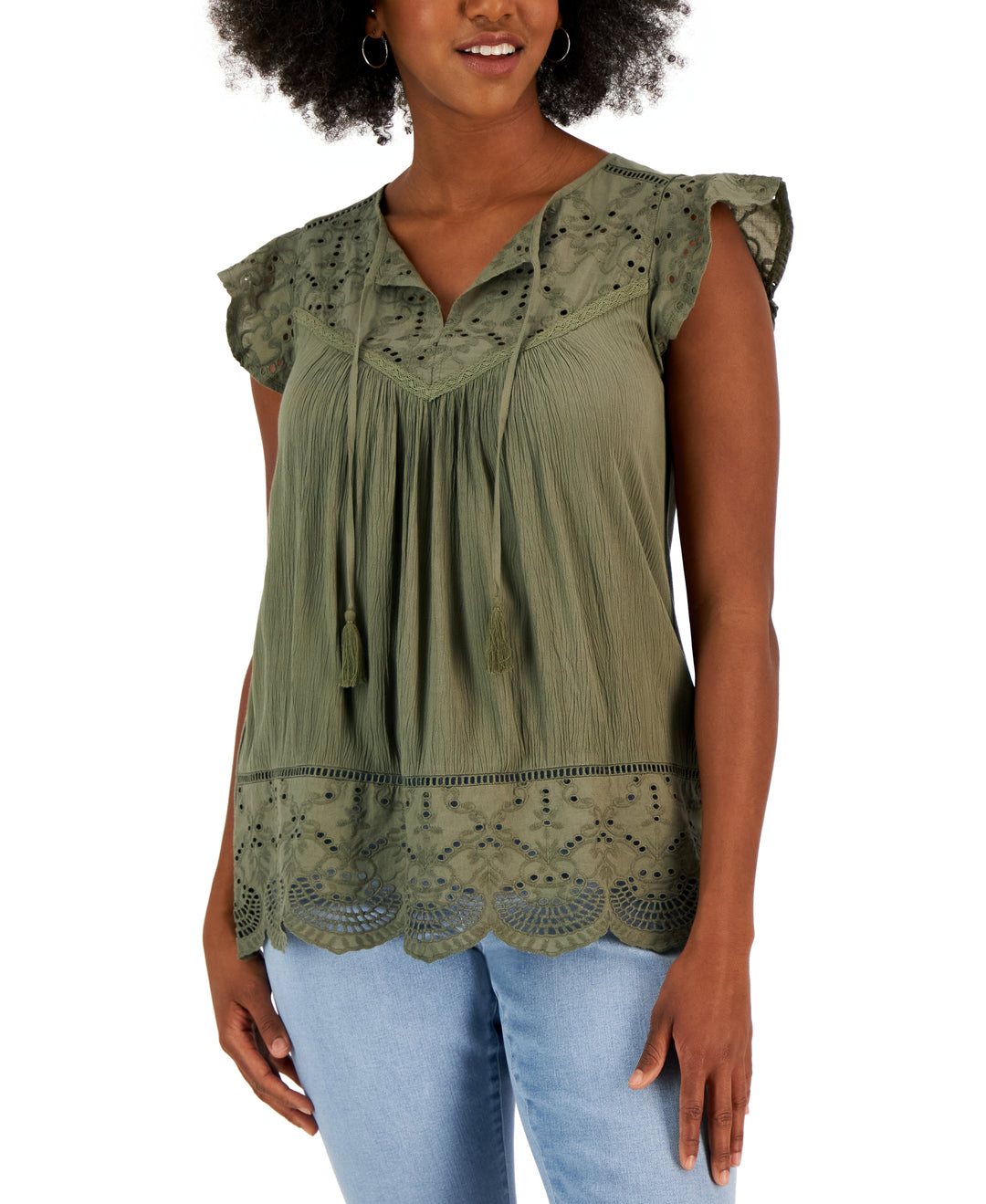 Women's Mixed-Media Lace-Trimmed Top