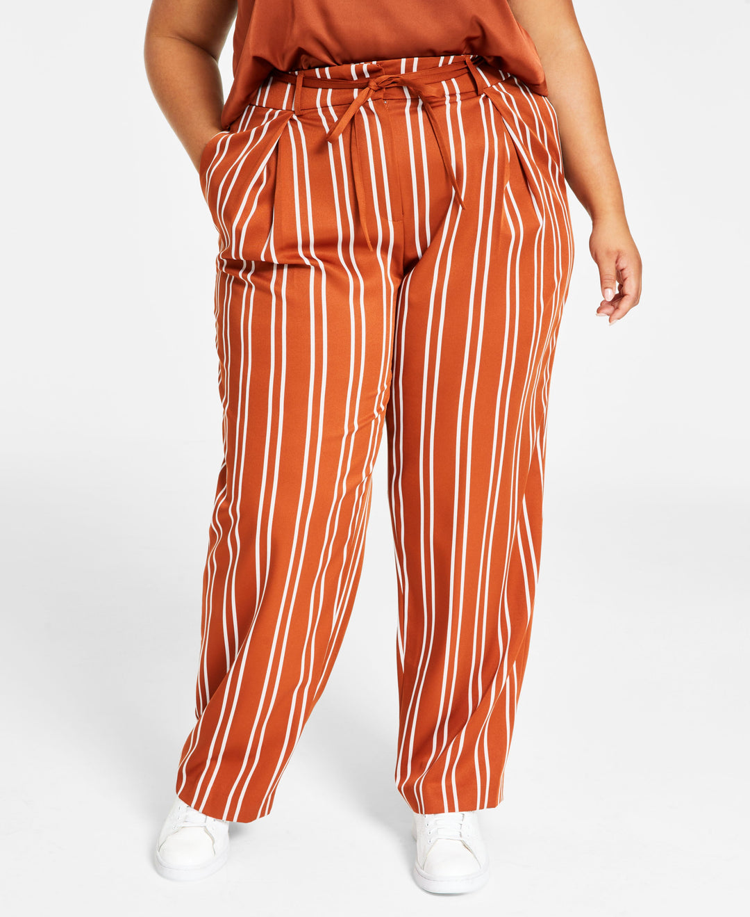 Plus Size Faux Double-Breasted Blazer, Scoop-Neck Satin Camisole, & Tie-Waist Pants