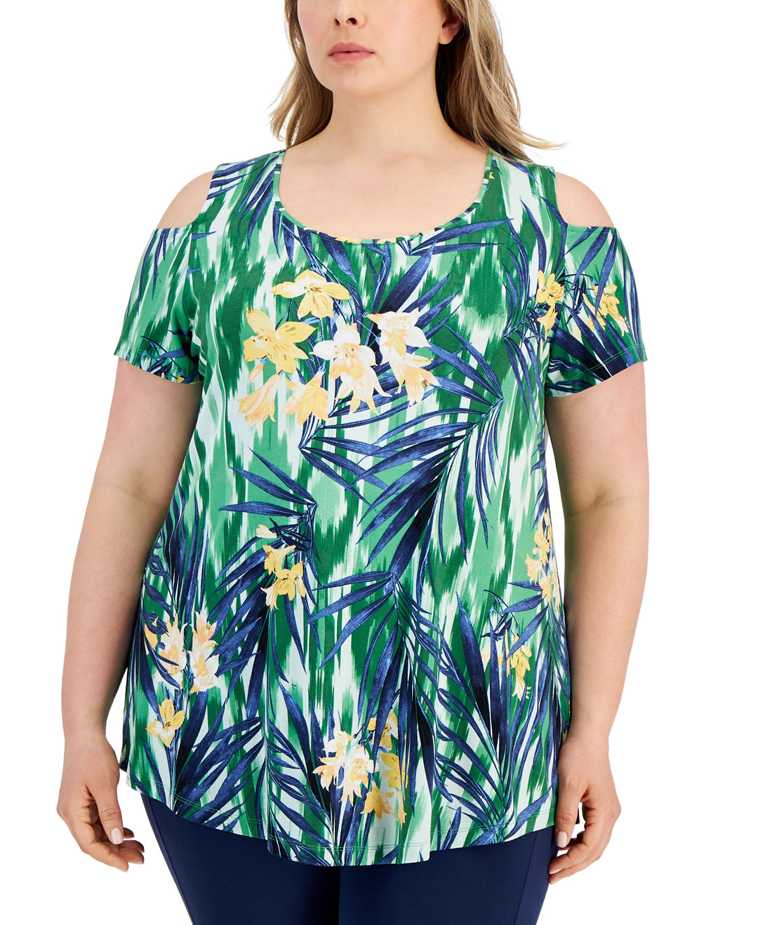 Plus Size Foliage Trop Cold Shoulder Scoop-Neck Top