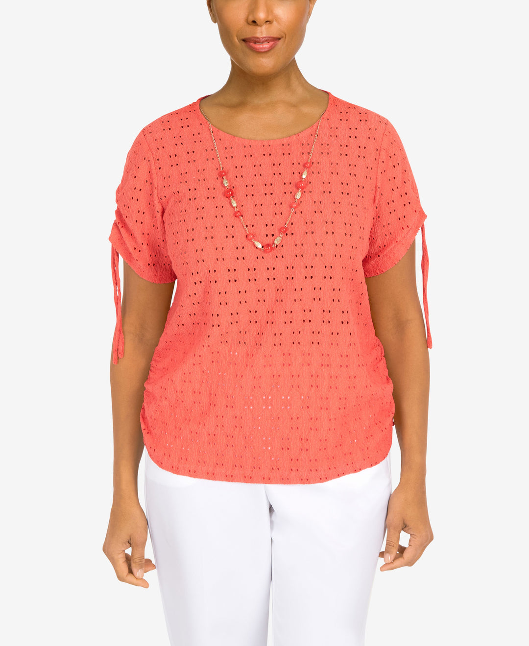 Women's Drawstring Eyelet Short Sleeve Top