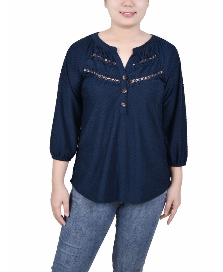 Petite 3/4 Sleeve Swiss Dot Henley Top