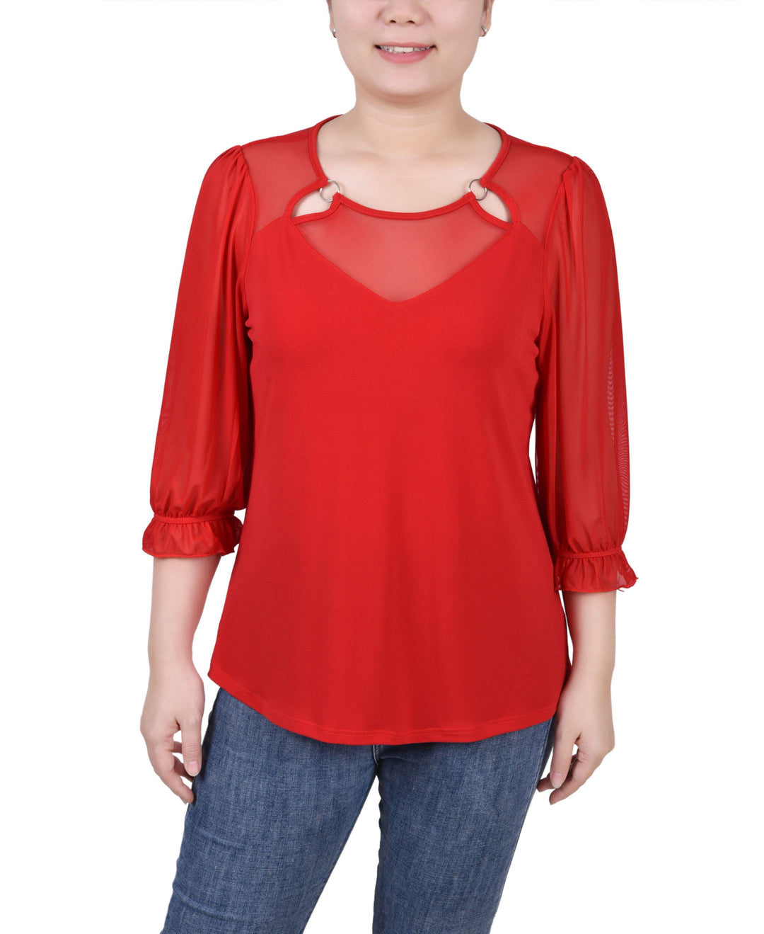 Petite 3/4 Sleeve Ringed Mesh Top