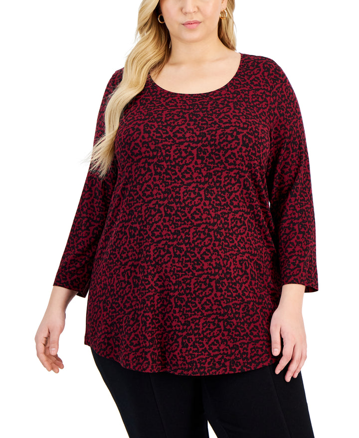 Plus Size Abstract-Print 3/4 Sleeve Top
