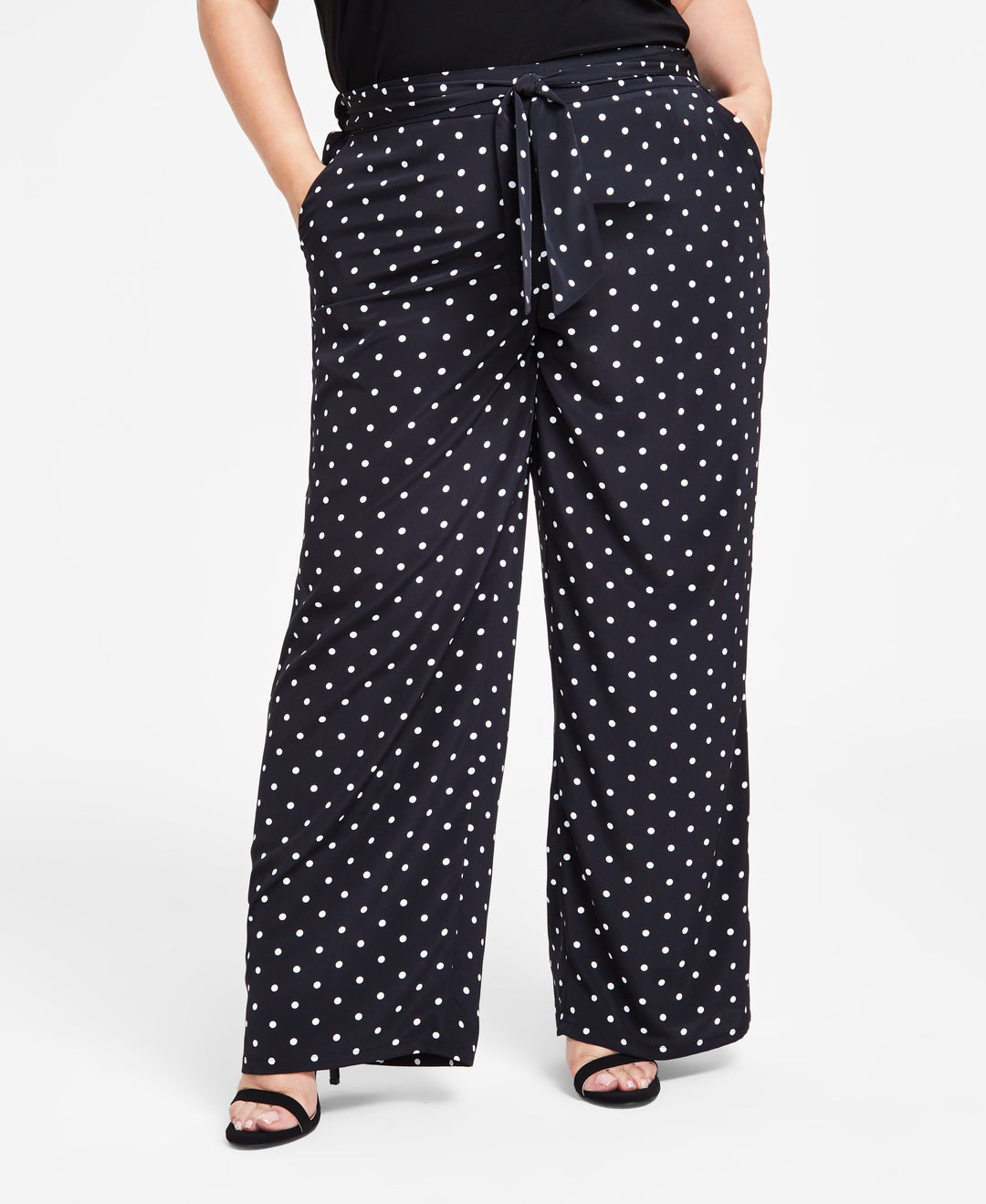 Plus Size Polka-Dot Tie-Front Wide-Leg Pants