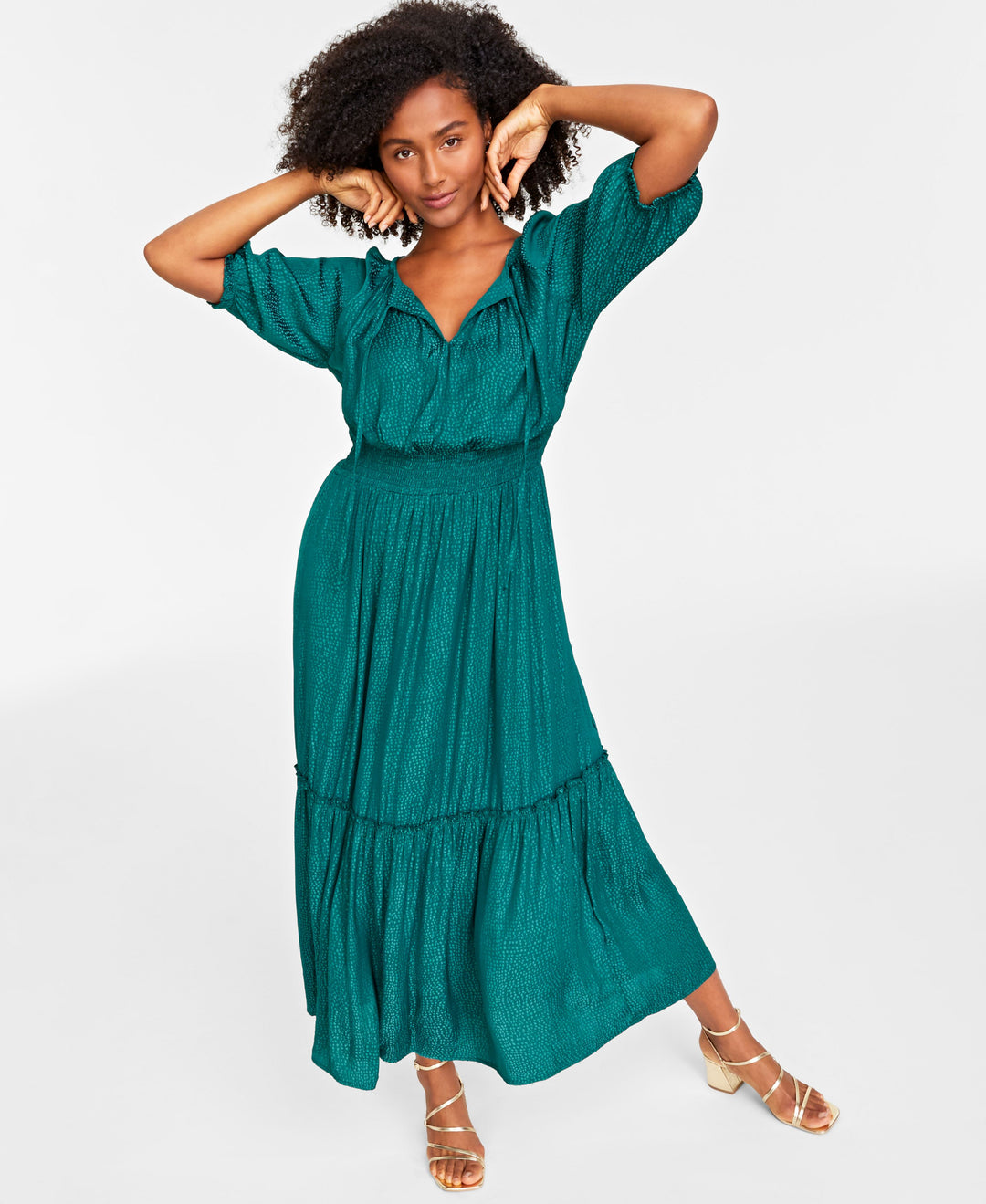 Women's Elbow-Sleeve Tiered Maxi Dress