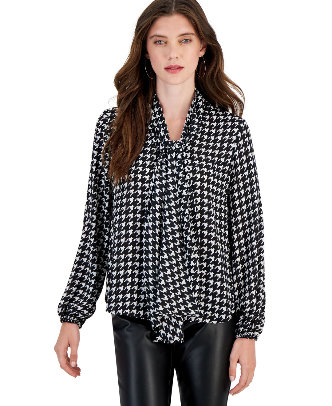 Women's Houndstooth Tie-Neck Long-Sleeve Blouse