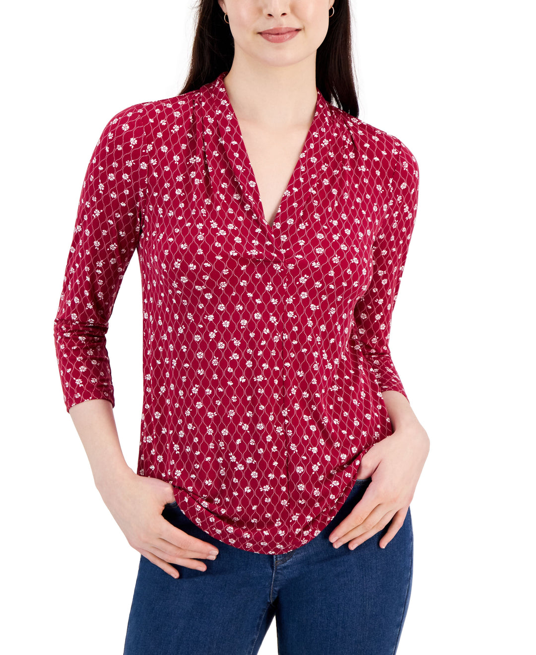 Women's Printed Pleated V-Neck Knit Top