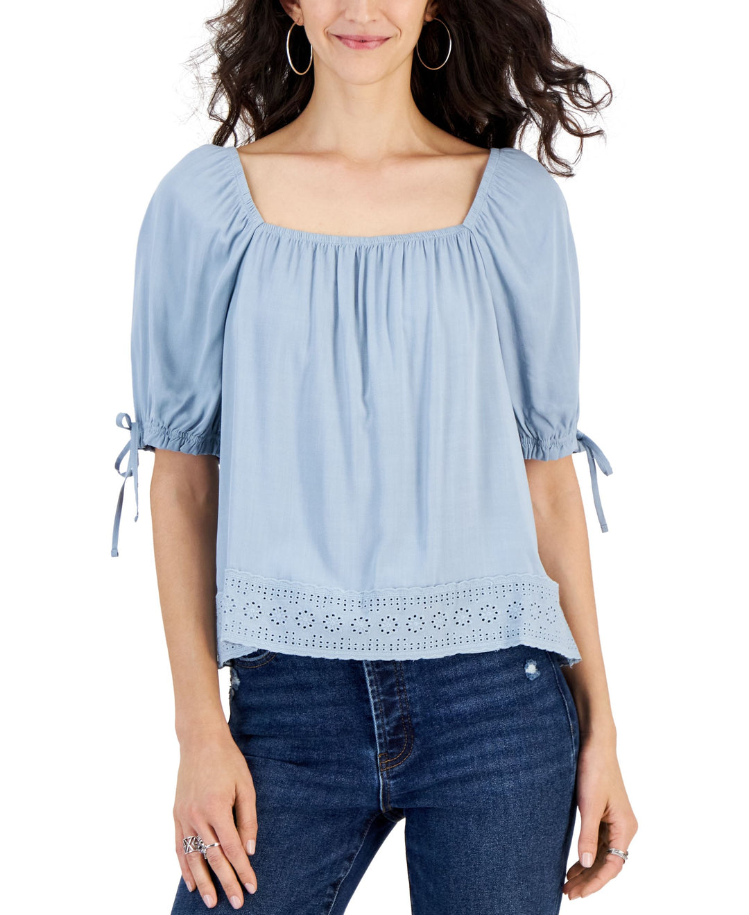 Juniors' Tie-Sleeve Square-Neck Crochet Top