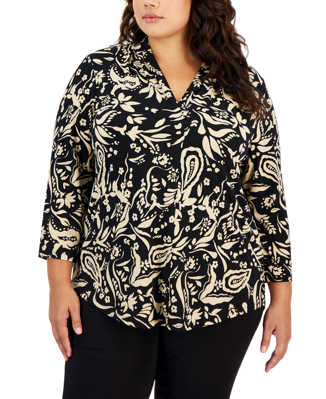 Plus Size Garden Print V-Neck Top