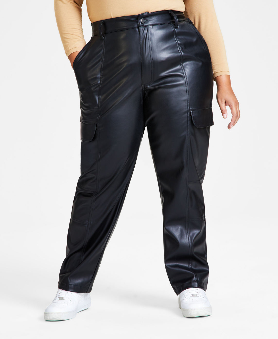 Plus Size High-Rise Faux-Leather Cargo Pants