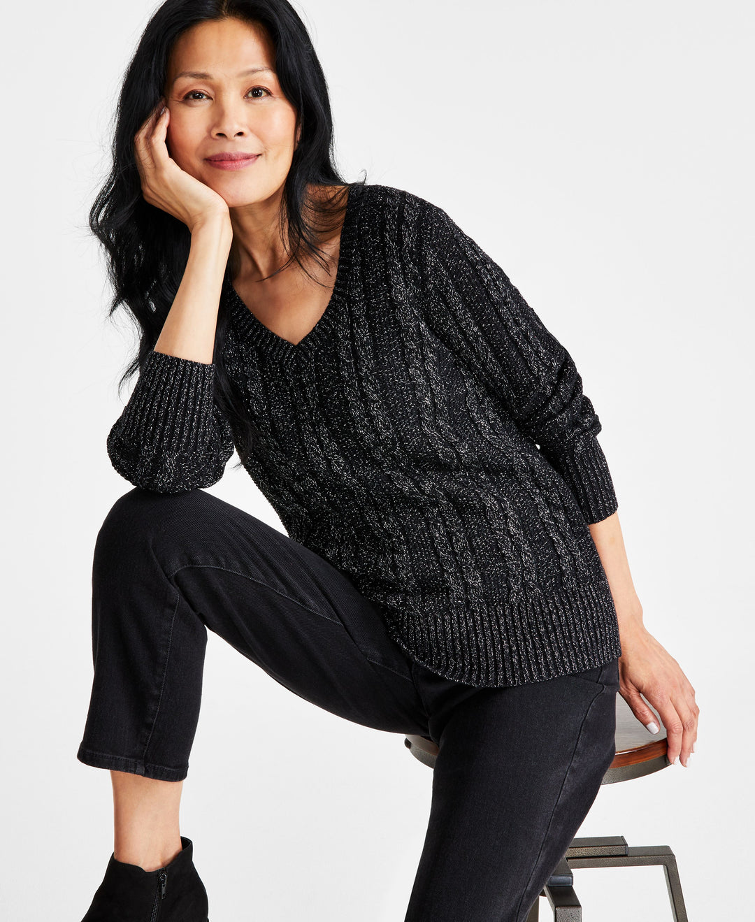 Women's V-Neck Shine Cable-Knit Long-Sleeve Sweater, Regular & Petite