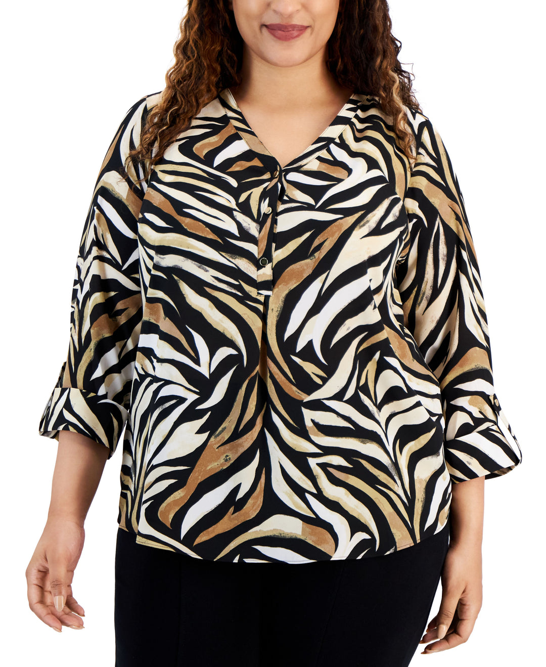 Plus Size V-Neck Buttoned-Cuff Top