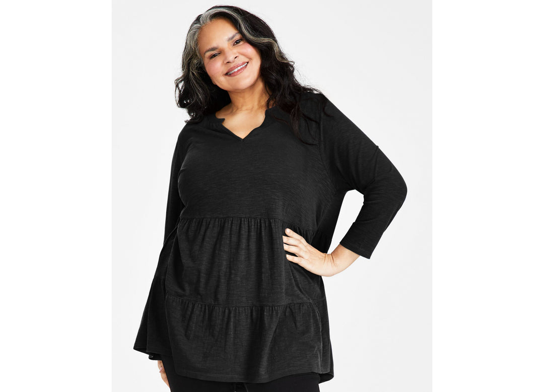 Plus Size Cotton Split-Neck Tiered Tunic