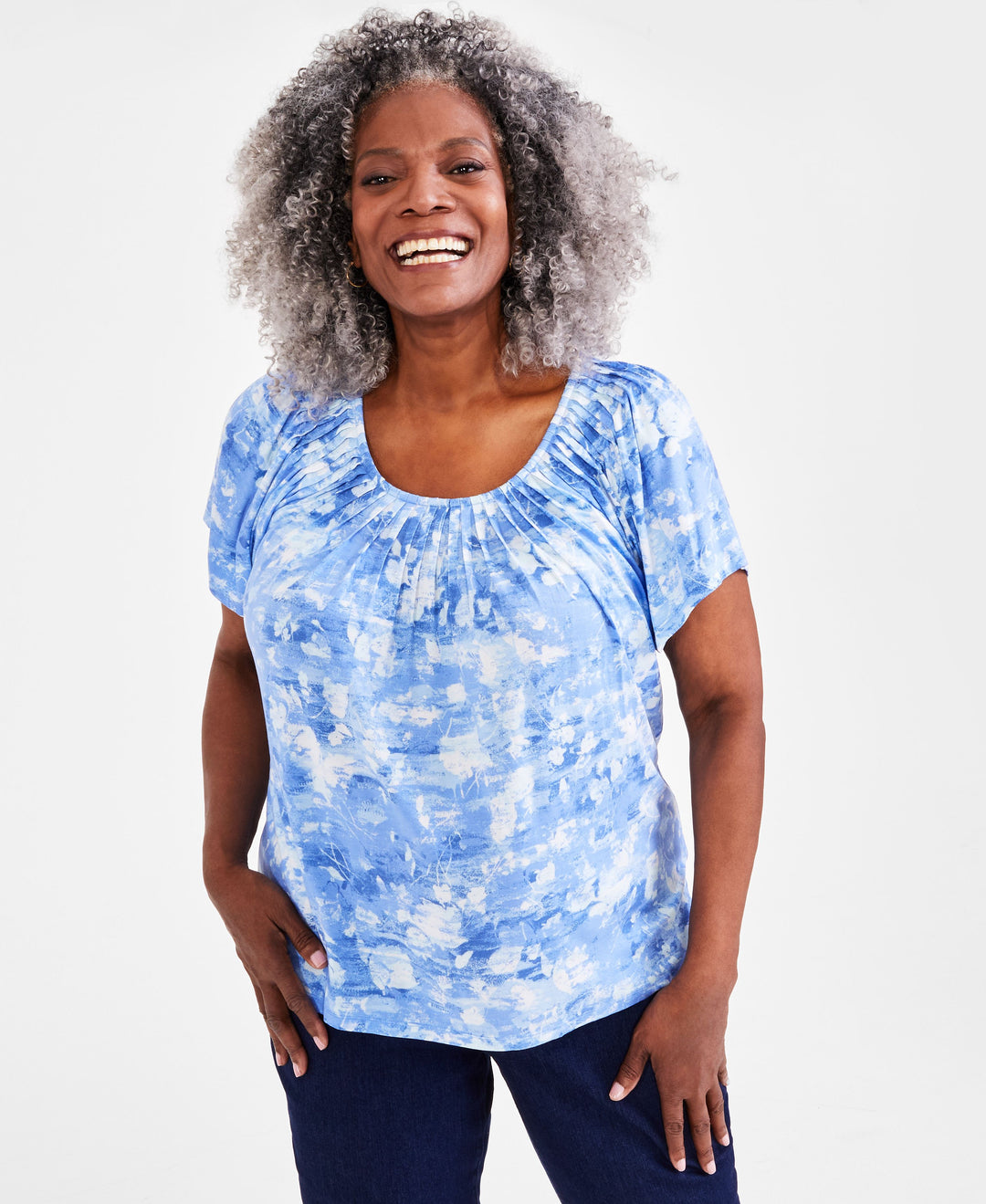 Plus Size Printed Pleat-Neck Top