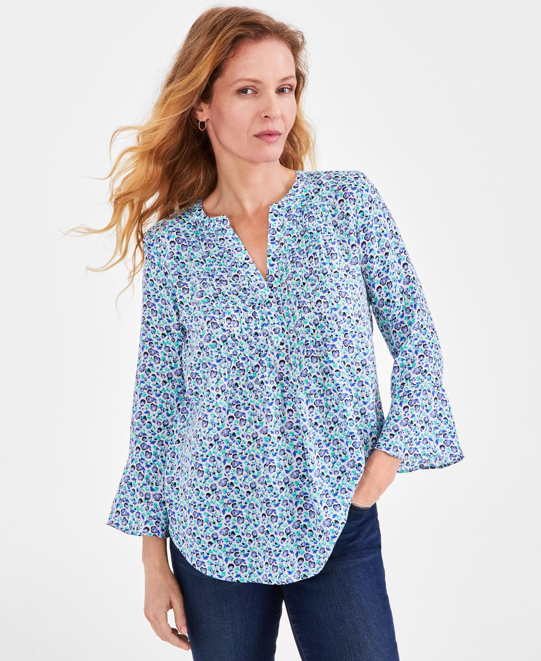 Women's Printed Pintuck Ruffle Sleeve Top, Regular & Petite