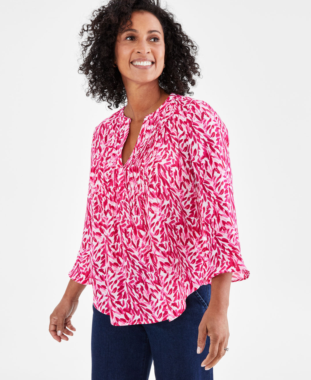 Women's Printed Pintuck Ruffle Sleeve Top, Regular & Petite