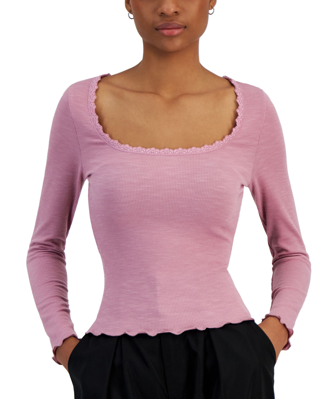 Juniors' Lace-Trime Square-Neck Long-Sleeve Top