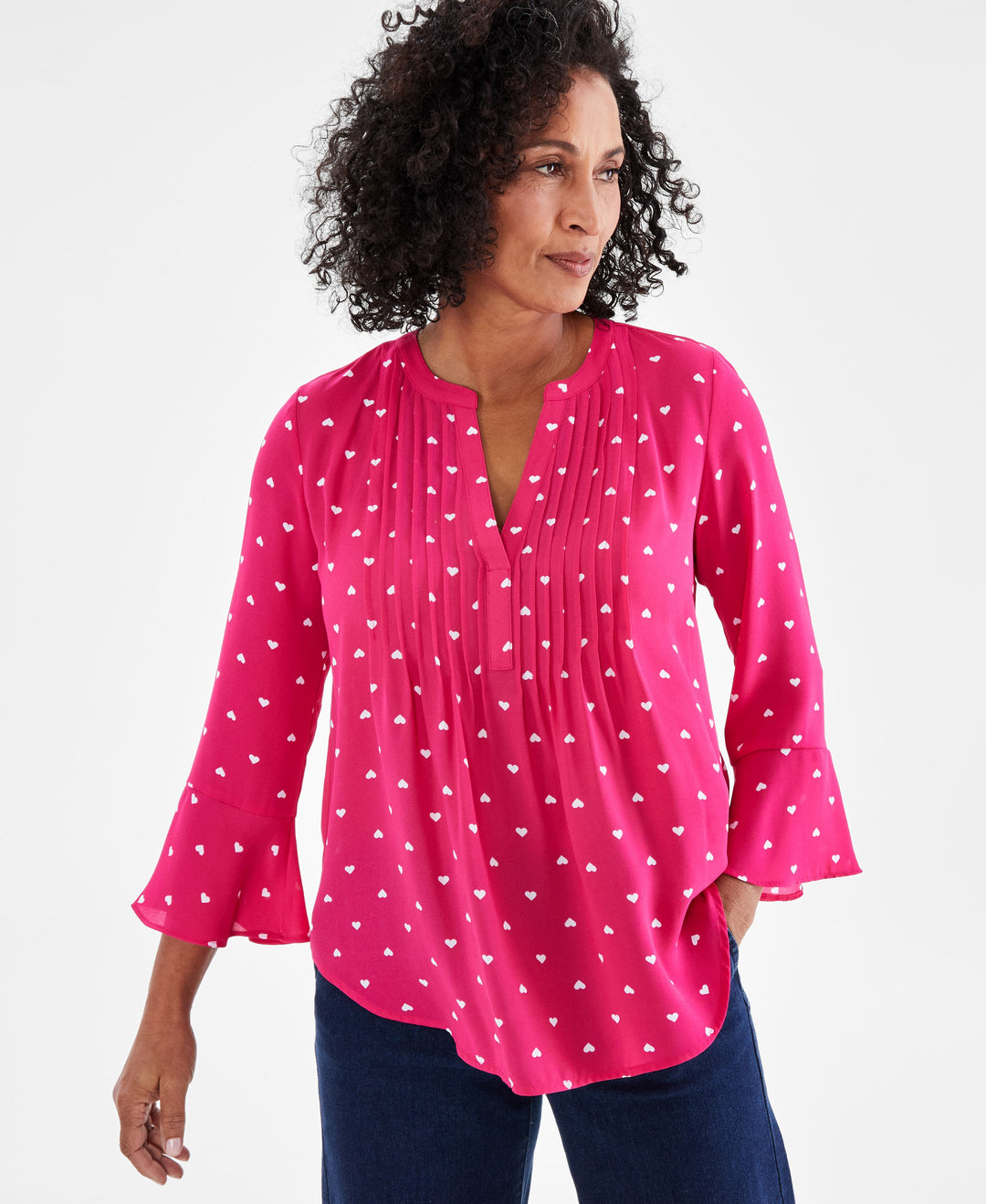 Women's Printed Pintuck Ruffle Sleeve Top, Regular & Petite