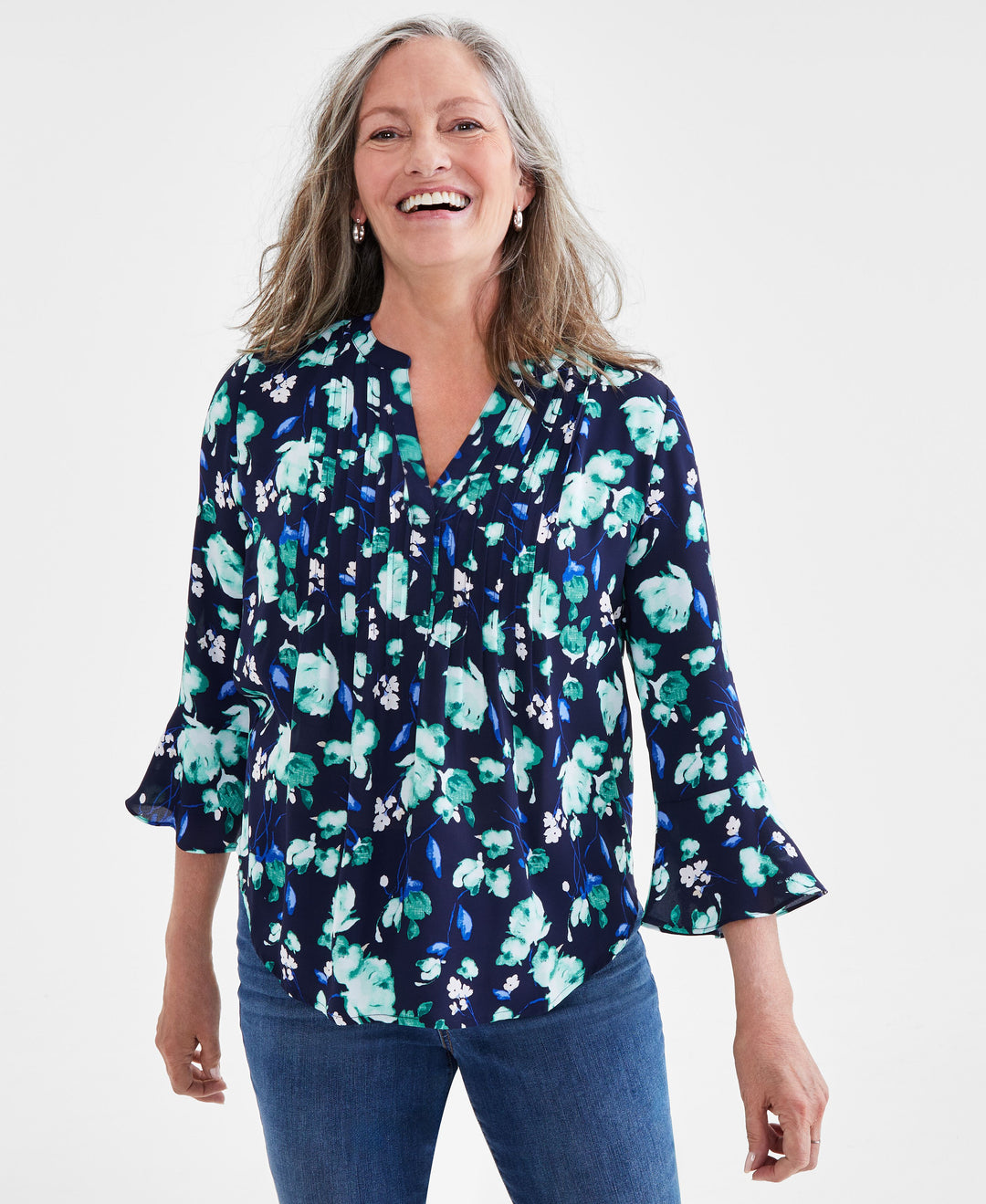 Women's Printed Pintuck Ruffle Sleeve Top, Regular & Petite