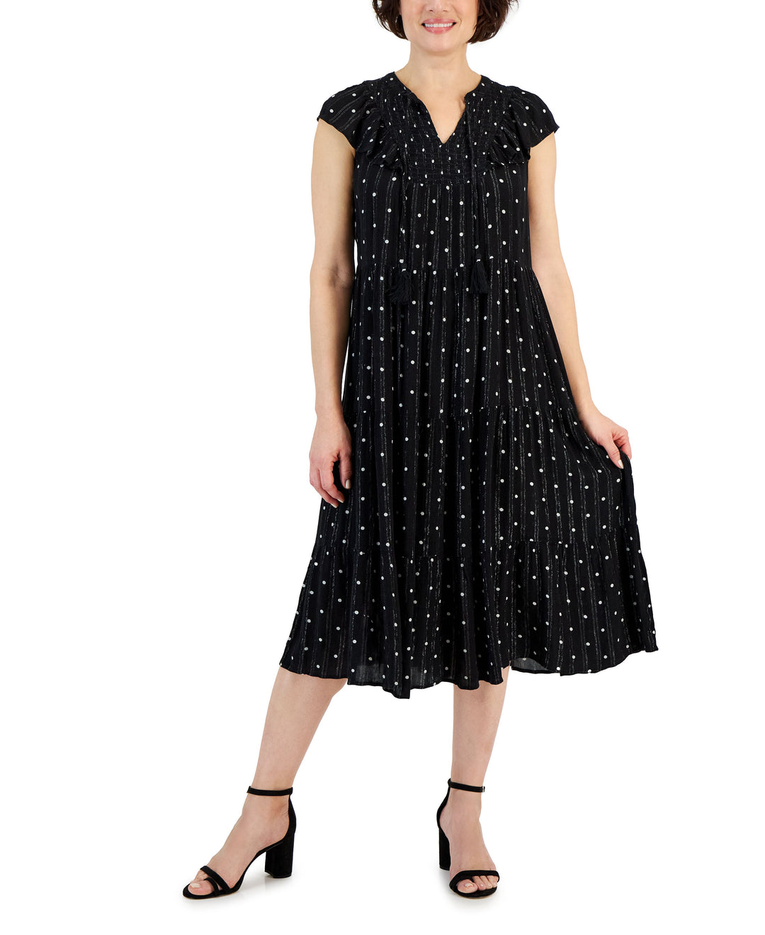 Women's Printed Ruffled Shine Midi Dress Black Polka Dot XL