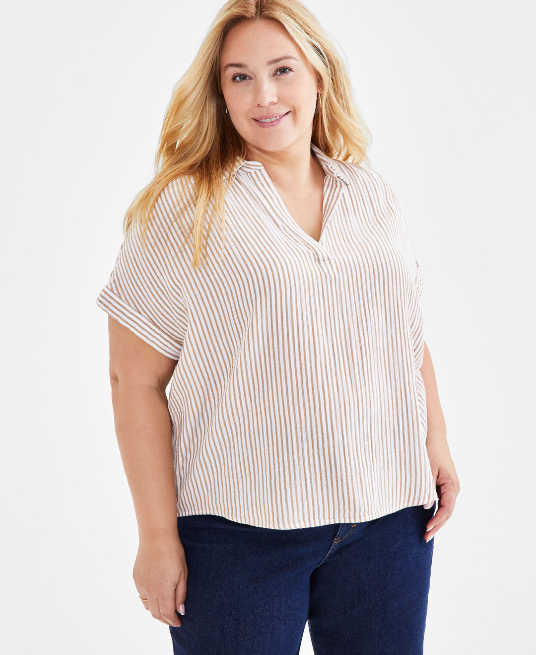 Plus Size Striped Gauze Camp Shirt