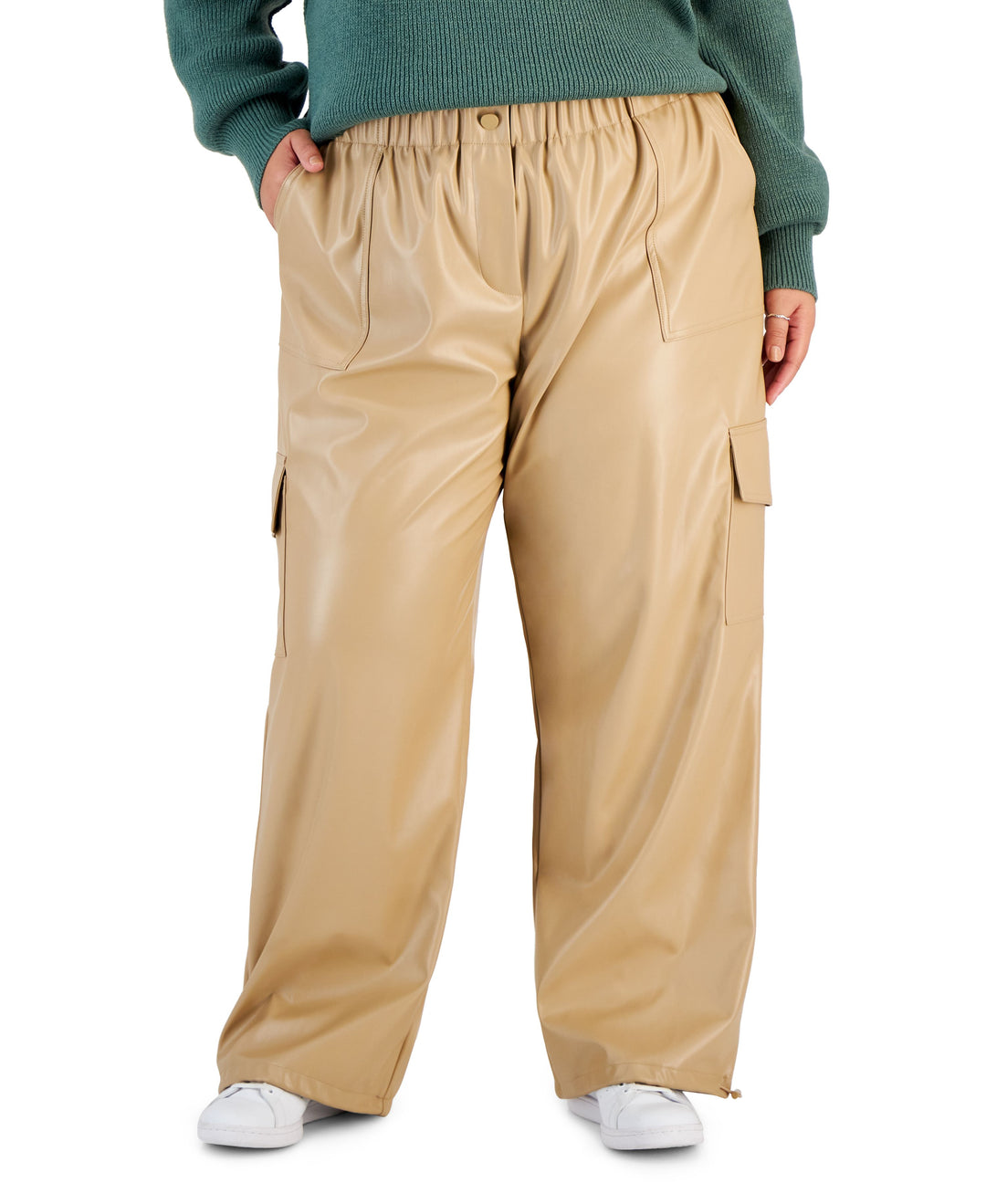 Plus Size Velvet Crewneck Top & Faux-Leather Cargo Pants
