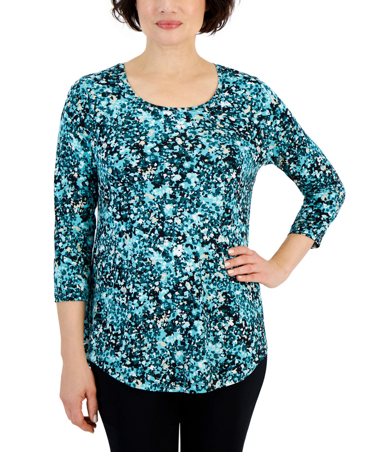 Women's Scoop Neck 3/4 Sleeve Printed Knit Top