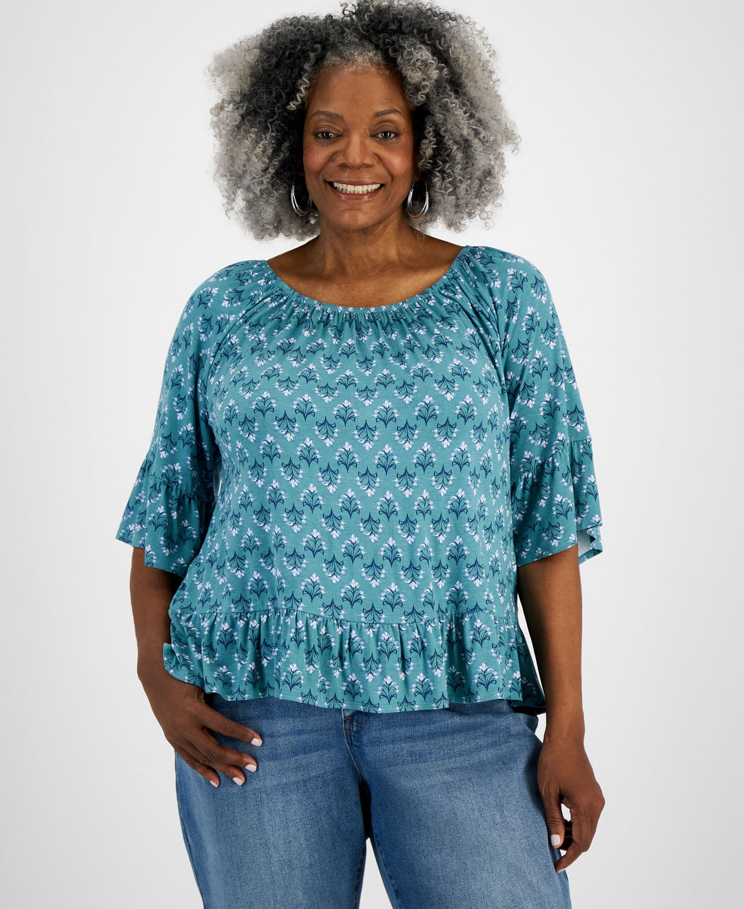 Plus Size Printed On/Off-The-Shoulder Knit Top Flower Desert Teal 2X