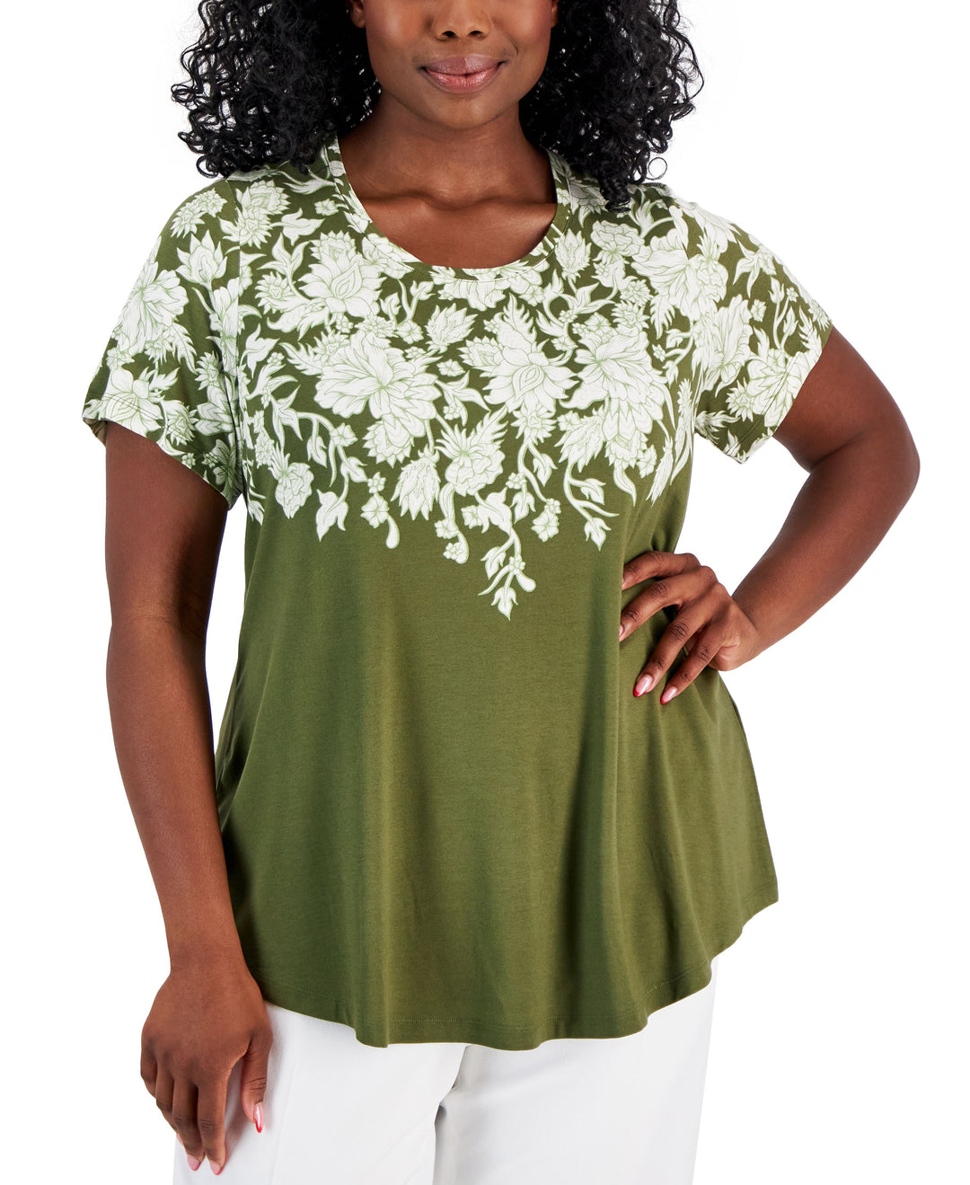 Plus Size Floral-Print Short-Sleeve Top New Avocado Combo 3X