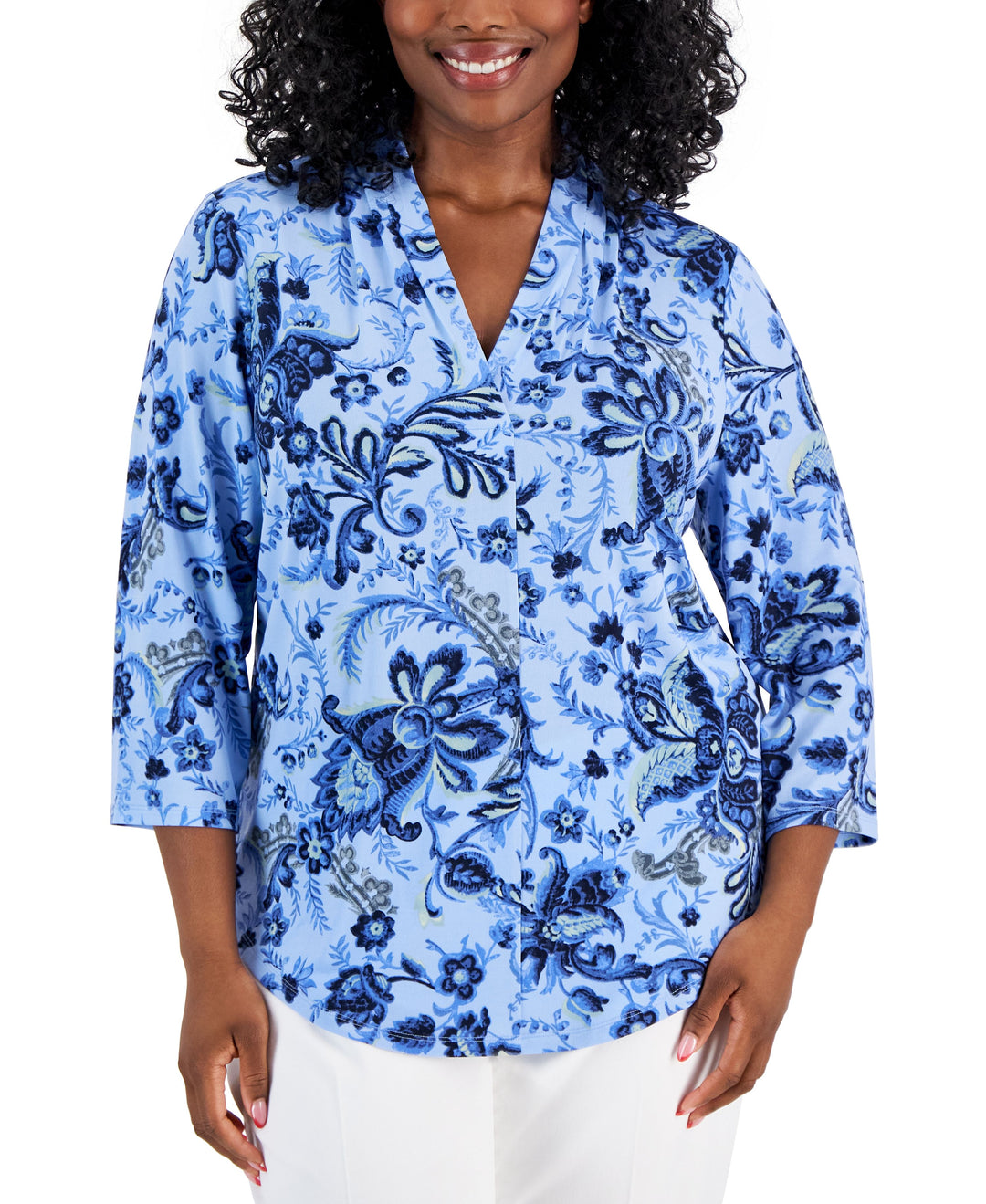 Plus Size Floral-Print Front-Pleat Top