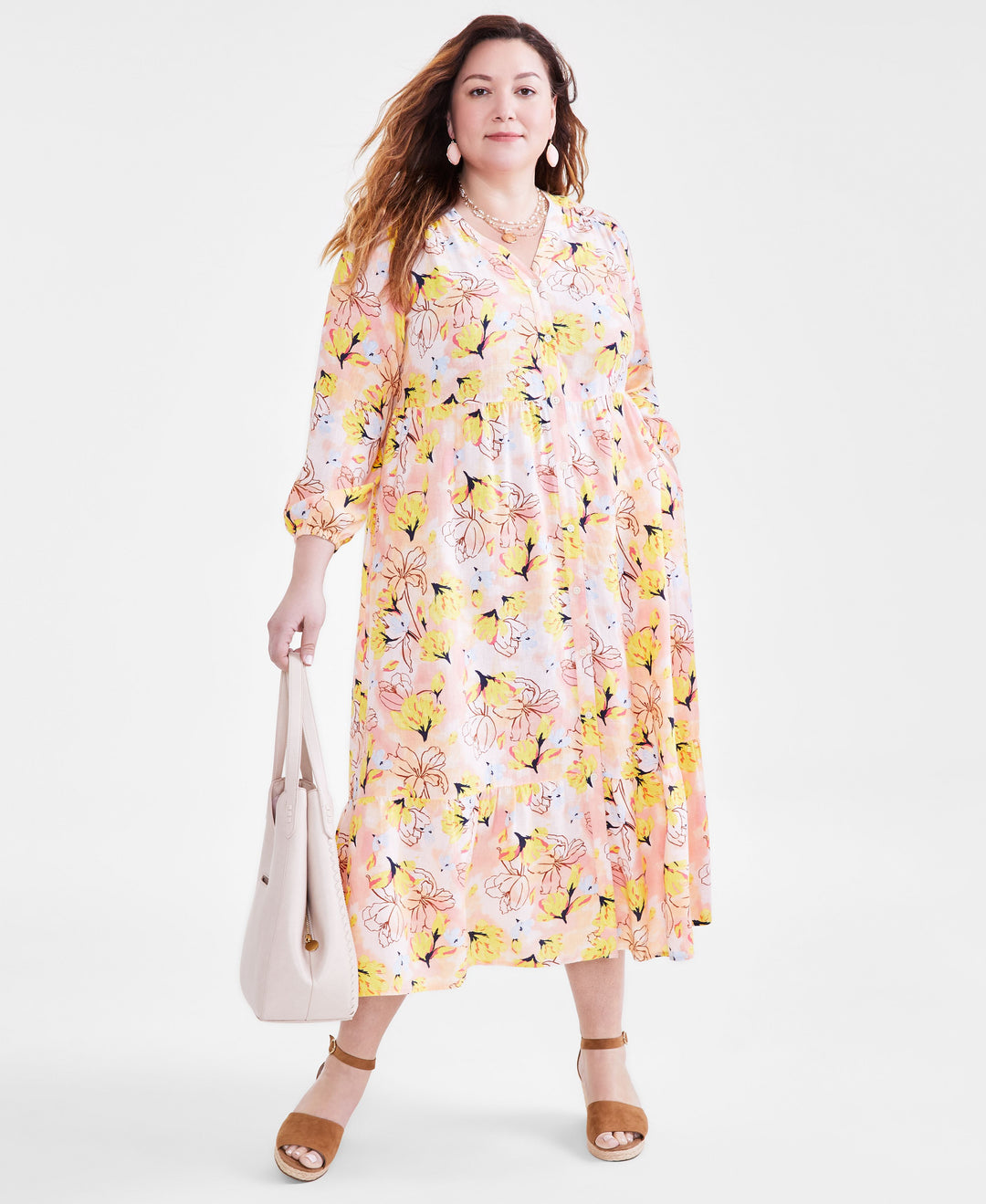 Plus Size Floral-Print Tiered Linen-Blend 3/4-Sleeve Dress