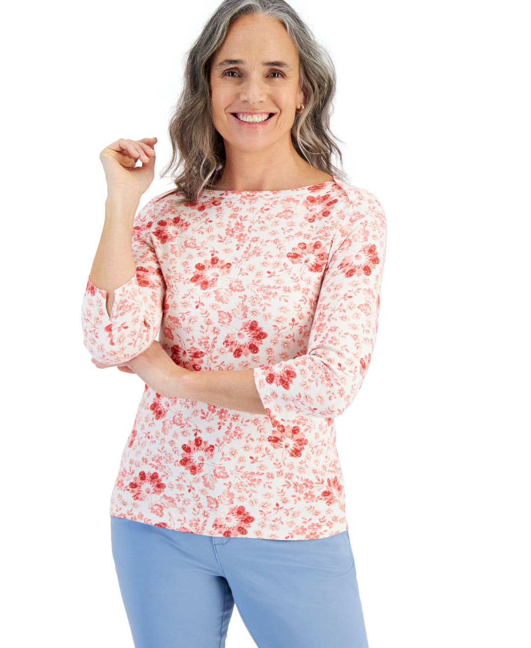 Petite Pottery Floral 3/4-Sleeve Pima Knit Top