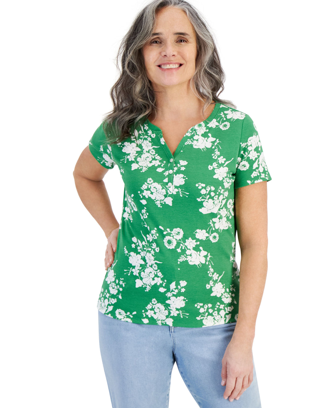 Petite Floral Henley Short-Sleeve Top