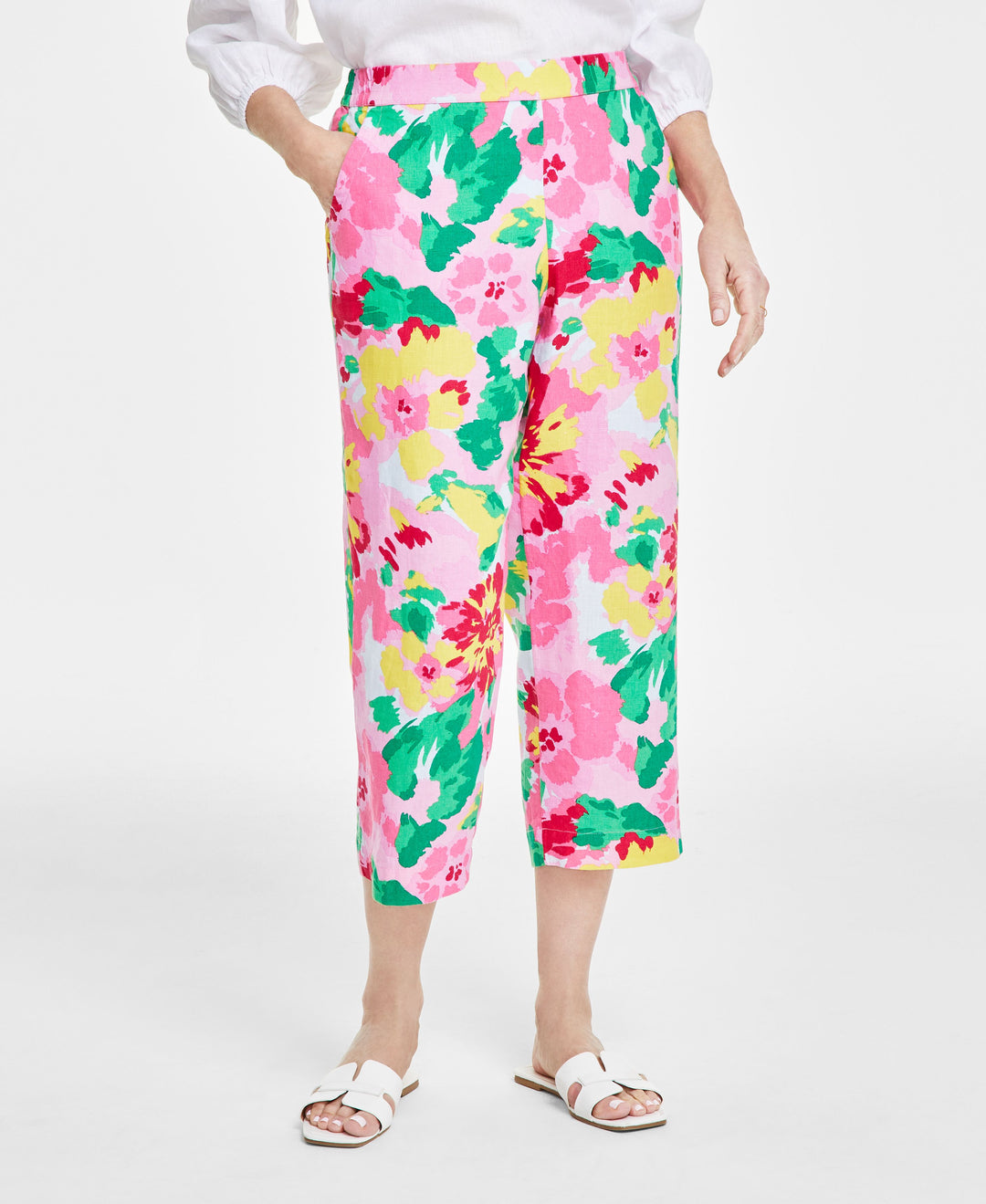 Petite 100% Linen Pull On Printed Cropped Pants