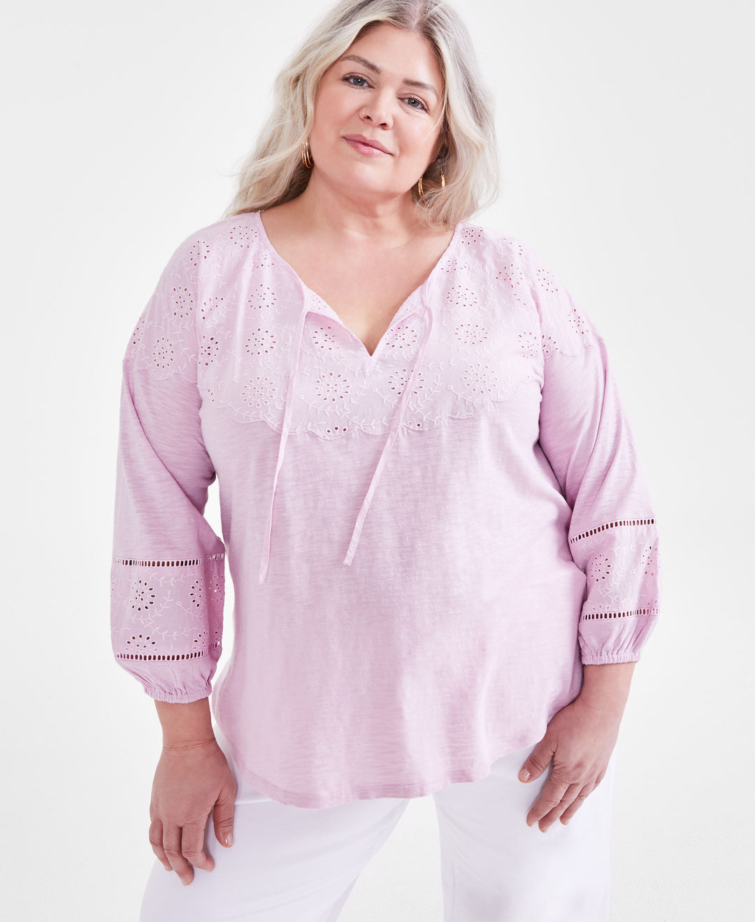 Plus Size Embroidered Eyelet-Trim Top