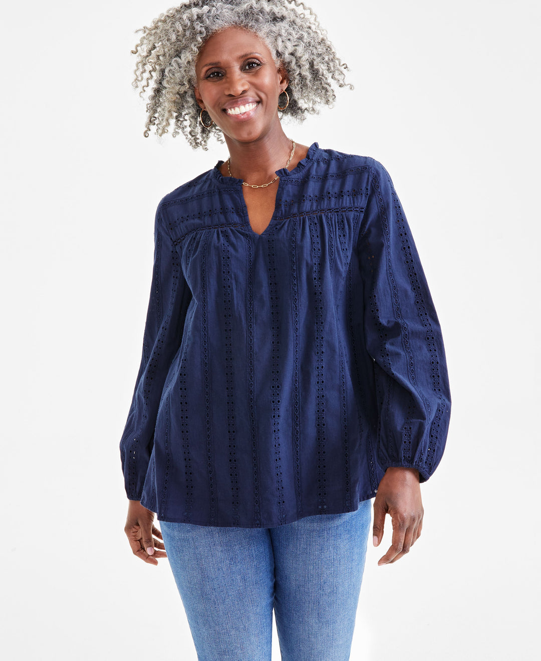 Women's Cotton Eyelet Split-Neck Top