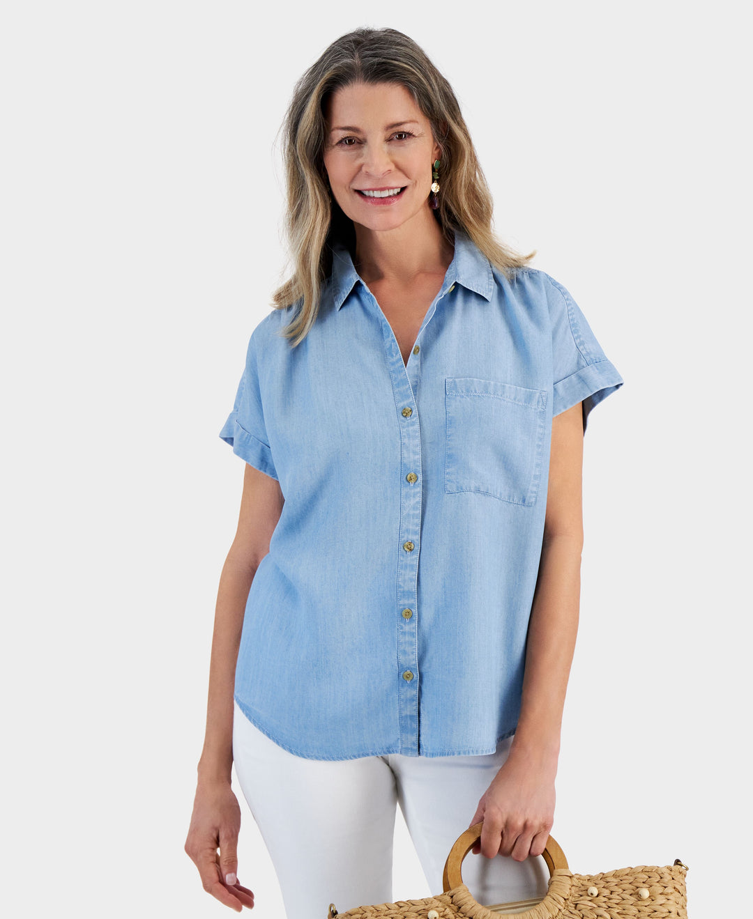 Petite Short-Sleeve Button-Up Top